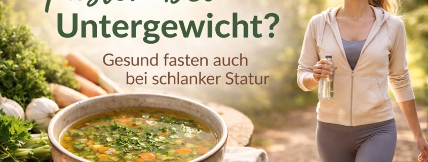 Beitragsbild zum Thema Heilfasten bei Untergewicht mit Gemüsebrühe, frischem Gemüse und schlanker Person beim Spaziergang in der Natur