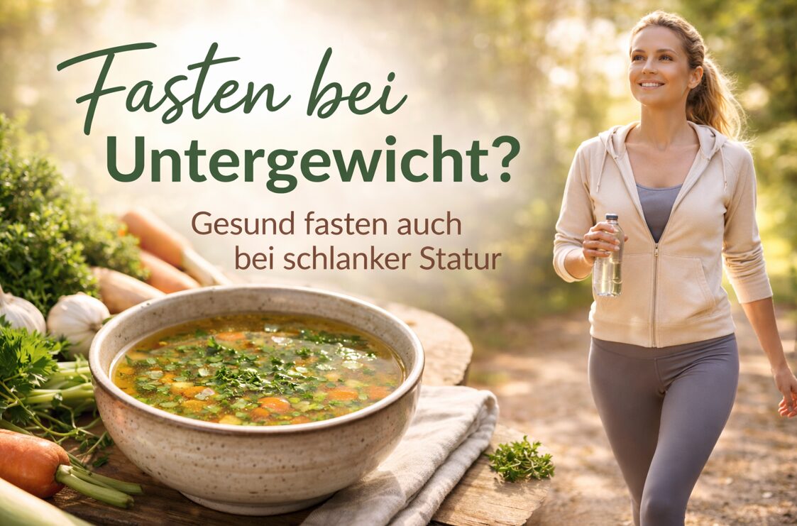 Beitragsbild zum Thema Heilfasten bei Untergewicht mit Gemüsebrühe, frischem Gemüse und schlanker Person beim Spaziergang in der Natur