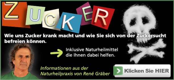 Werbegrafik zum Zucker-Buch von René Gräber mit Totenkopf aus Zucker und Hinweis auf Naturheilmittel gegen Zuckersucht