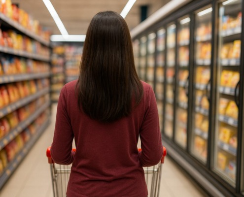 Eine Frau steht mit dem Rücken zur Kamera in einem Supermarkt und schiebt einen Einkaufswagen durch eine Reihe mit Fertigprodukten.