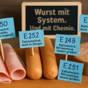 Verarbeitete Fleischprodukte mit blauen Fähnchen: E250, E251, E252, E249 – Hinweise auf Nitrit- und Nitratzusätze; im Hintergrund eine Tafel mit dem Text „Wurst mit System. Und mit Chemie“
