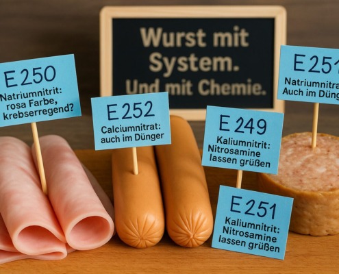 Verarbeitete Fleischprodukte mit blauen Fähnchen: E250, E251, E252, E249 – Hinweise auf Nitrit- und Nitratzusätze; im Hintergrund eine Tafel mit dem Text „Wurst mit System. Und mit Chemie“