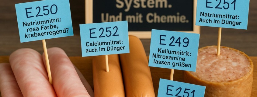 Verarbeitete Fleischprodukte mit blauen Fähnchen: E250, E251, E252, E249 – Hinweise auf Nitrit- und Nitratzusätze; im Hintergrund eine Tafel mit dem Text „Wurst mit System. Und mit Chemie“