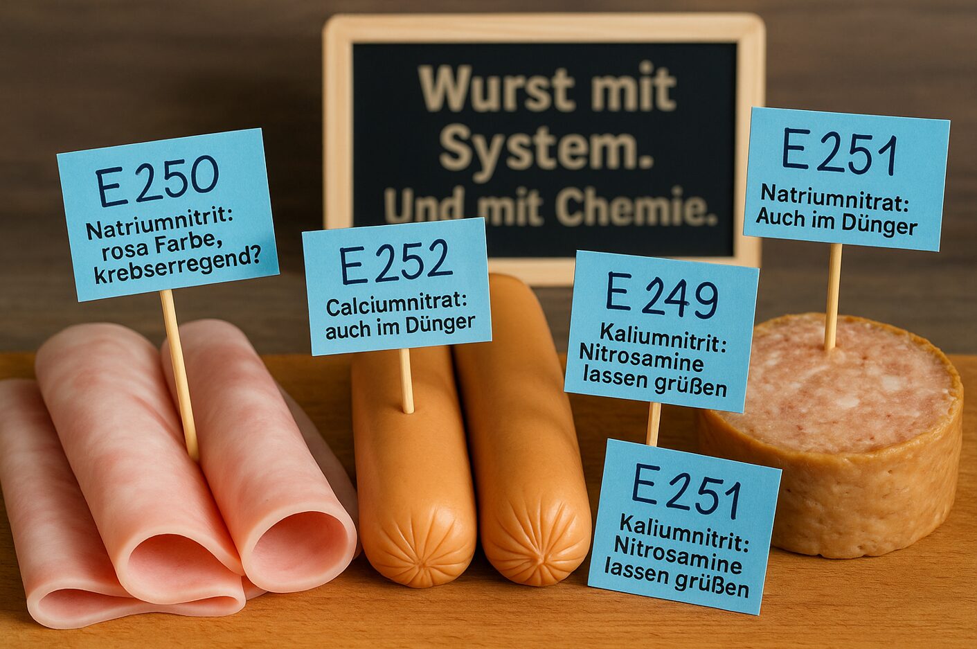 Verarbeitete Fleischprodukte mit blauen Fähnchen: E250, E251, E252, E249 – Hinweise auf Nitrit- und Nitratzusätze; im Hintergrund eine Tafel mit dem Text „Wurst mit System. Und mit Chemie“