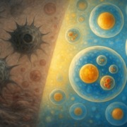 Digitale Illustration: Vergleich zwischen beschädigten „Zombie-Zellen“ und gesunden Zellen mit aktiver Autophagie, Zellreinigung und Regeneration.