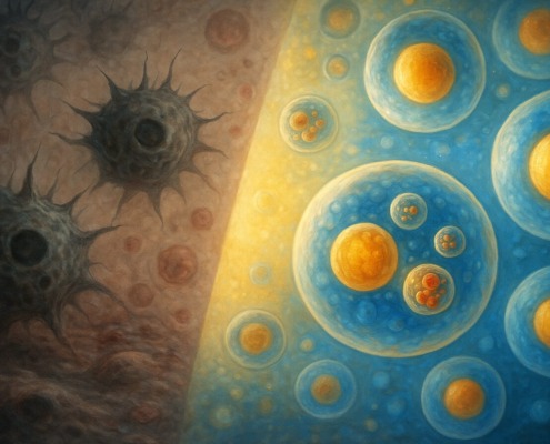 Digitale Illustration: Vergleich zwischen beschädigten „Zombie-Zellen“ und gesunden Zellen mit aktiver Autophagie, Zellreinigung und Regeneration.