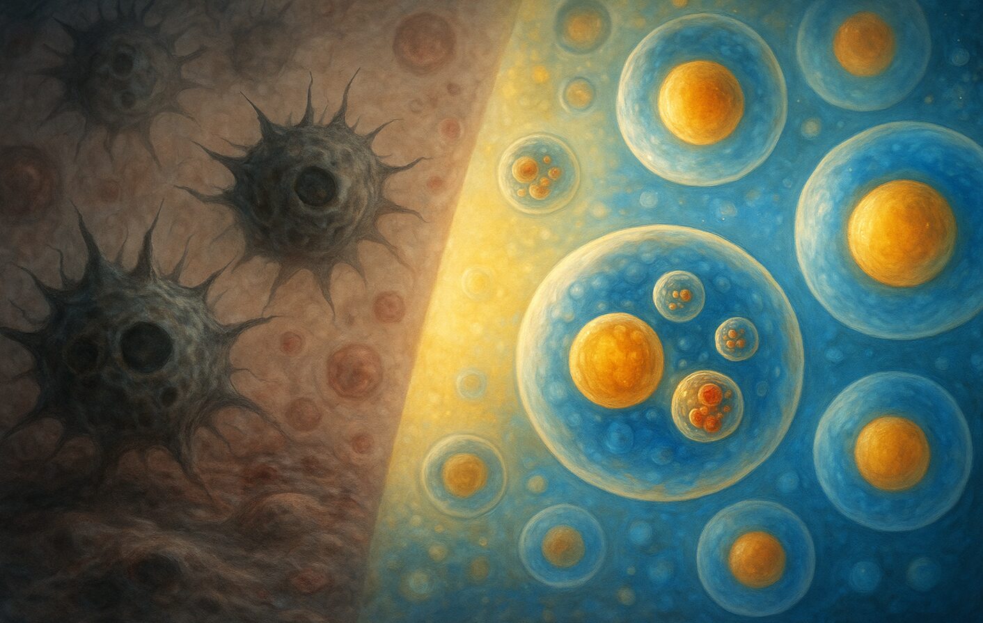 Digitale Illustration: Vergleich zwischen beschädigten „Zombie-Zellen“ und gesunden Zellen mit aktiver Autophagie, Zellreinigung und Regeneration.
