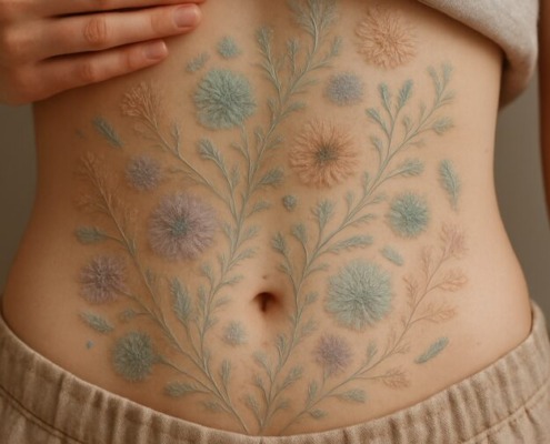 Nahaufnahme eines menschlichen Bauchs mit floralen Illustrationen in Pastellfarben, die symbolisch eine gesunde Darmflora darstellen.