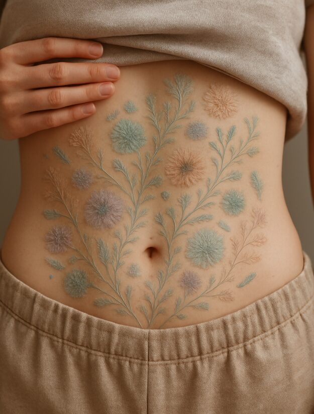 Nahaufnahme eines menschlichen Bauchs mit floralen Illustrationen in Pastellfarben, die symbolisch eine gesunde Darmflora darstellen.