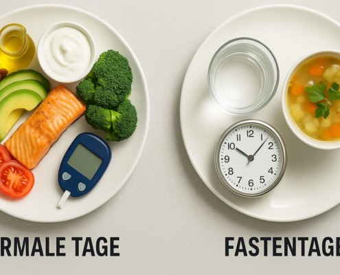 5:2-Diät bei Diabetes: Zwei Teller im Vergleich – links normale Mahlzeit mit Fisch, Gemüse und Blutzuckermessgerät, rechts Fastentag mit Suppe, Wasser und Uhr