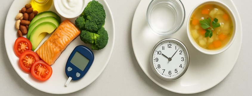 5:2-Diät bei Diabetes: Zwei Teller im Vergleich – links normale Mahlzeit mit Fisch, Gemüse und Blutzuckermessgerät, rechts Fastentag mit Suppe, Wasser und Uhr