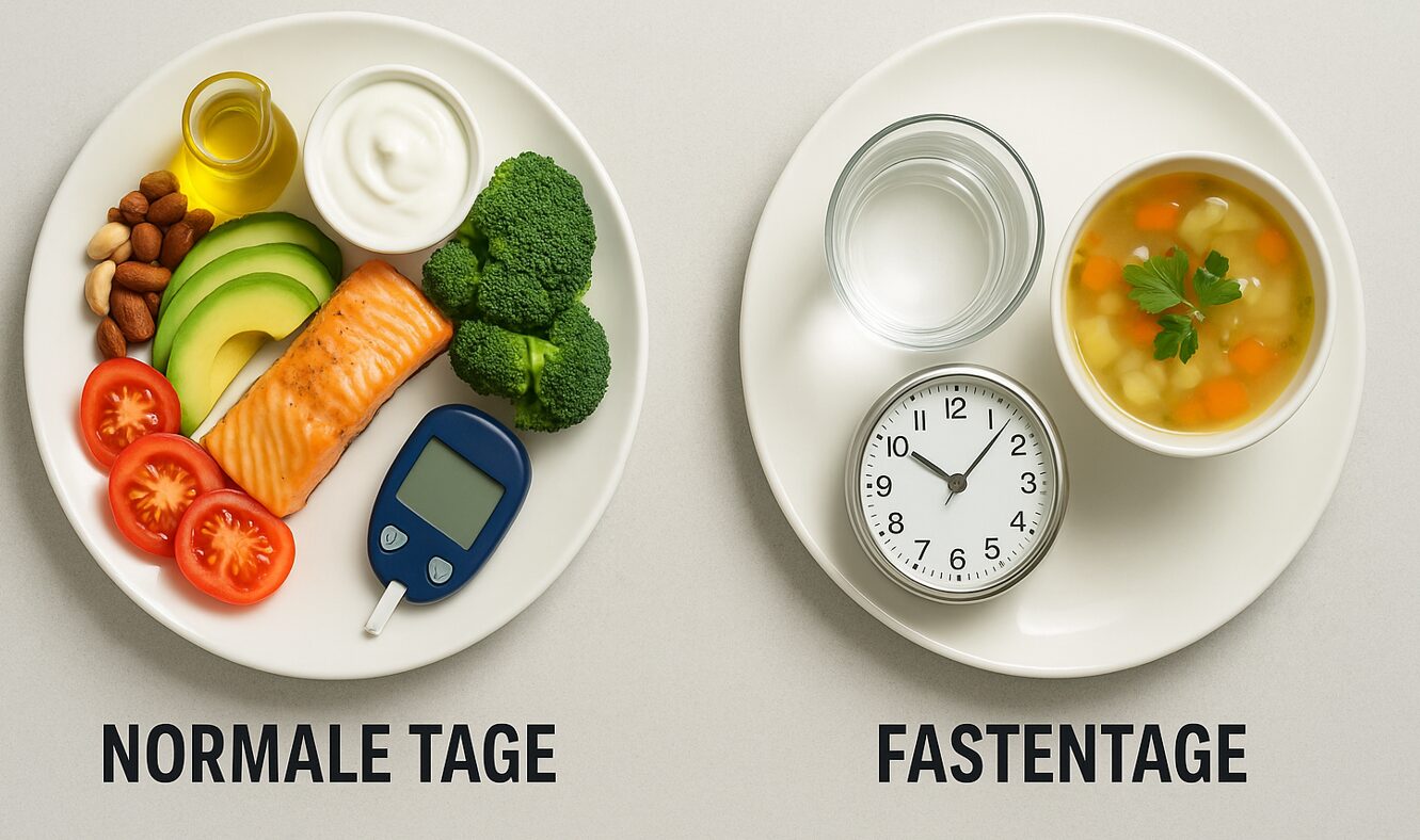 5:2-Diät bei Diabetes: Zwei Teller im Vergleich – links normale Mahlzeit mit Fisch, Gemüse und Blutzuckermessgerät, rechts Fastentag mit Suppe, Wasser und Uhr