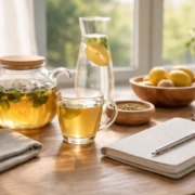 Heilfasten Beitragsbild mit Kräutertee, Zitronenwasser und Notizbuch auf Holztisch im Morgenlicht – Ruhe und Klarheit beim Fasten.