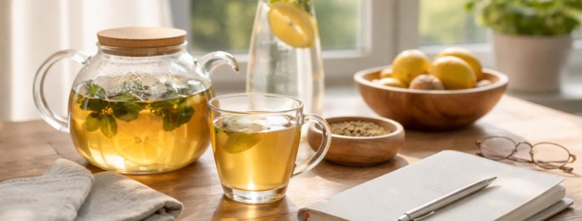 Heilfasten Beitragsbild mit Kräutertee, Zitronenwasser und Notizbuch auf Holztisch im Morgenlicht – Ruhe und Klarheit beim Fasten.