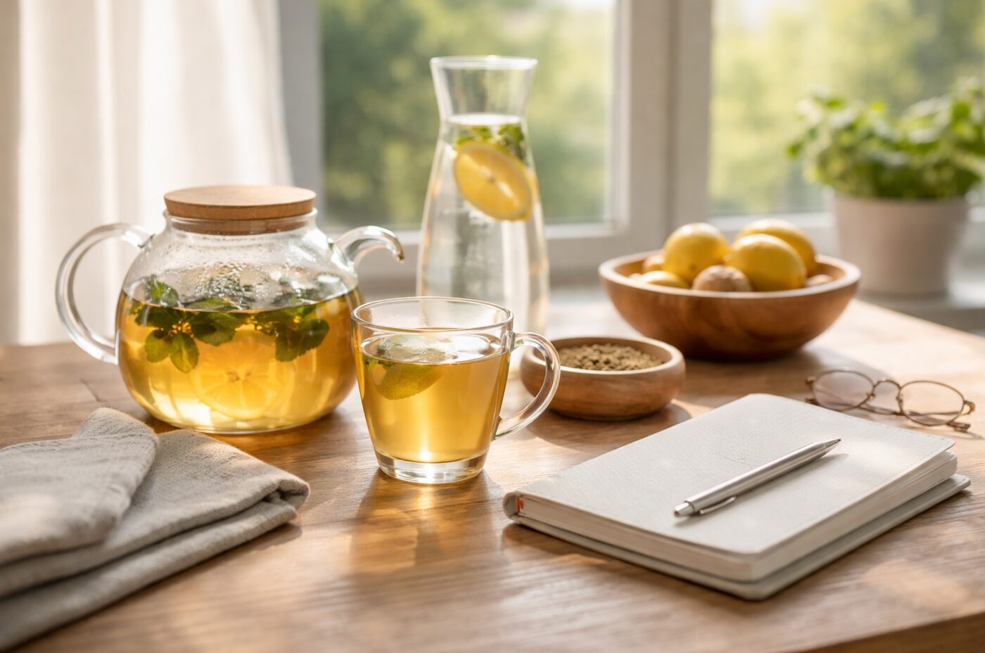 Heilfasten Beitragsbild mit Kräutertee, Zitronenwasser und Notizbuch auf Holztisch im Morgenlicht – Ruhe und Klarheit beim Fasten.