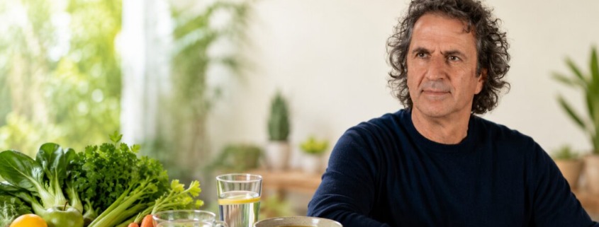 René Gräber mit Gemüsebrühe, Tee und frischen Zutaten zum veganen Heilfasten.
