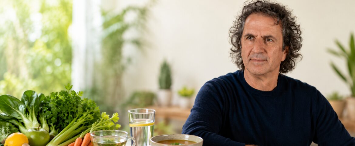 René Gräber mit Gemüsebrühe, Tee und frischen Zutaten zum veganen Heilfasten.