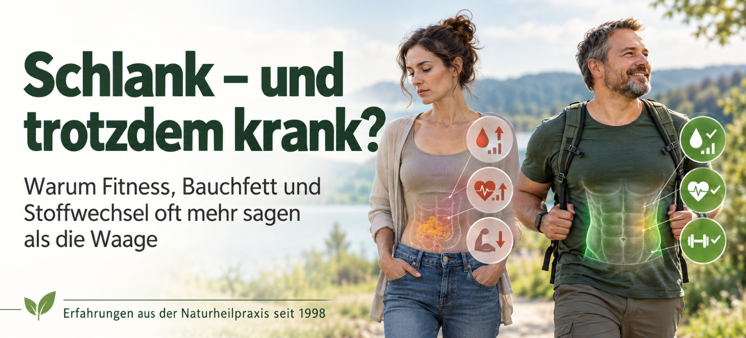 Schlanke Frau und kräftiger Mann im Freien mit grafischen Darstellungen zu Blutzucker, Bauchfett, Muskelmasse und Fitness. Die Bildüberschrift lautet „Schlank – und trotzdem krank?“