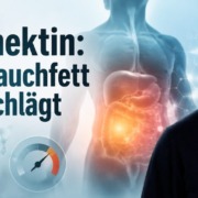 Adiponektin-rene-graeber René Gräber vor medizinischem Hintergrund mit Illustration von Bauchorganen und der Schlagzeile „Adiponektin: Wenn Bauchfett Alarm schlägt“