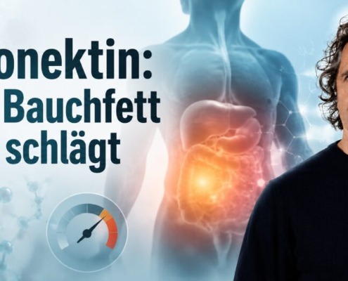 René Gräber vor medizinischem Hintergrund mit Illustration von Bauchorganen und der Schlagzeile „Adiponektin: Wenn Bauchfett Alarm schlägt“