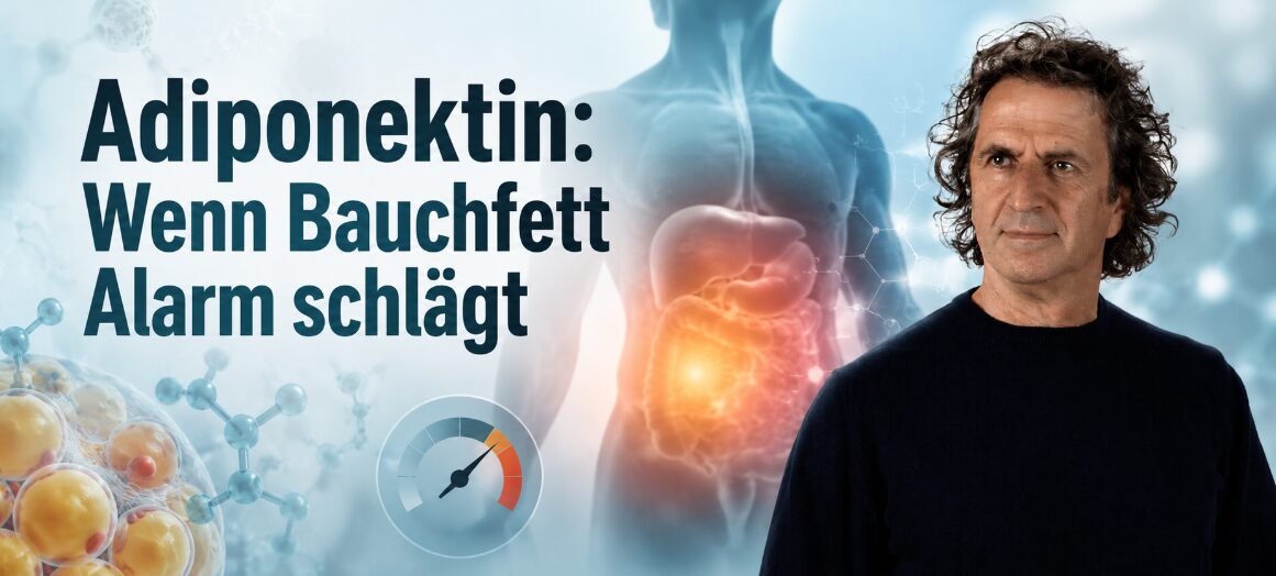 René Gräber vor medizinischem Hintergrund mit Illustration von Bauchorganen und der Schlagzeile „Adiponektin: Wenn Bauchfett Alarm schlägt“