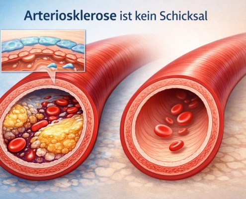 Illustration einer verengten Arterie mit Plaqueablagerungen im Vergleich zu einer gesunden Arterie bei Arteriosklerose