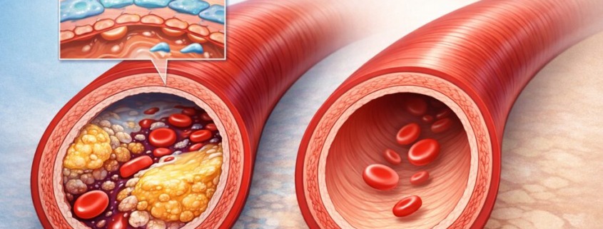Illustration einer verengten Arterie mit Plaqueablagerungen im Vergleich zu einer gesunden Arterie bei Arteriosklerose