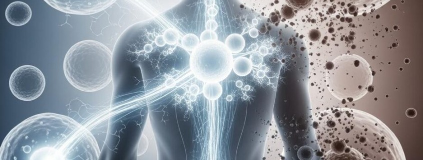Ein abstrahierter menschlicher Körper (halbtransparent, neutral dargestellt, Rückenansicht), im Inneren sichtbar: leuchtende, reinigende Prozesse auf Zellebene. Visualisiert Autophagie als Licht- oder Energieprozess im Inneren des Körpers. Zeigt: Die Reinigung geschieht nicht im Darm oder im Bad, sondern tief im Zellinneren.