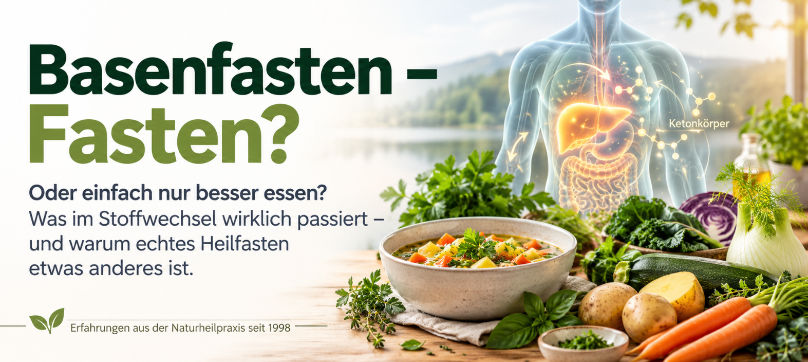 Basenfasten oder Heilfasten? Basische Lebensmittel, Gemüsesuppe und Stoffwechselgrafik mit Ketonkörpern im Vergleich.