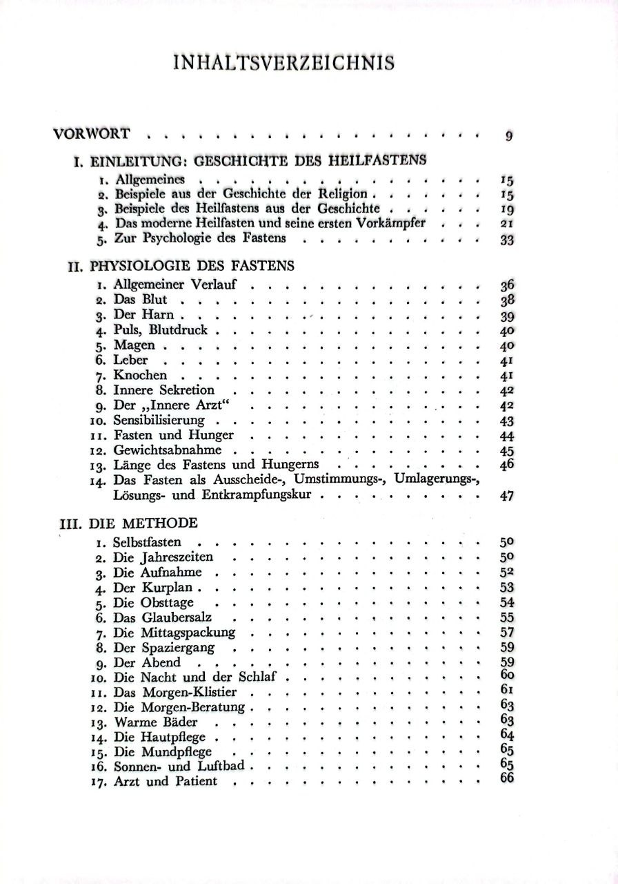Inhaltsverzeichnis aus Buchingers Buch „Das Heilfasten und seine Hilfsmethoden“ mit Kapiteln zu Geschichte, Physiologie des Fastens und Methode