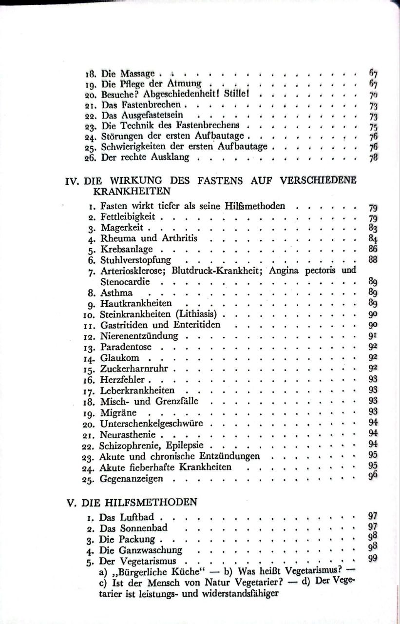 Inhaltsverzeichnis zu „Wirkung des Fastens auf Krankheiten“ und „Hilfsmethoden“ im Buch „Das Heilfasten“ von Otto Buchinger