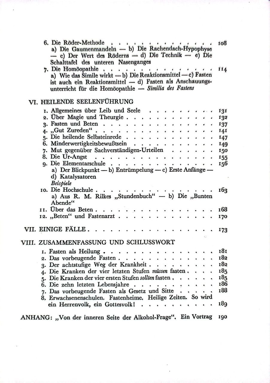 Inhaltsverzeichnis mit Kapiteln zu Röder-Methode, Homöopathie, heilender Seelenführung und Zusammenfassung in Buchingers „Das Heilfasten“