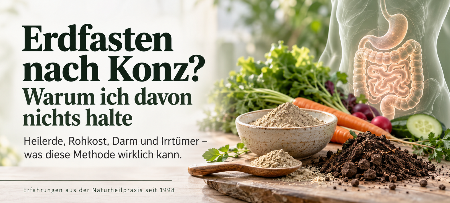 Erdfasten nach Franz Konz mit Heilerde, Rohkost und Darstellung des Darms – kritische naturheilkundliche Bewertung