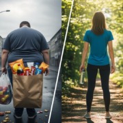 Links Junkfood in der Stadt, rechts gesunder Lebensstil in der Natur – Gegenüberstellung von Ernährung und Bewegung.