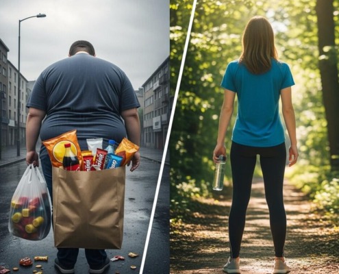 Links Junkfood in der Stadt, rechts gesunder Lebensstil in der Natur – Gegenüberstellung von Ernährung und Bewegung.