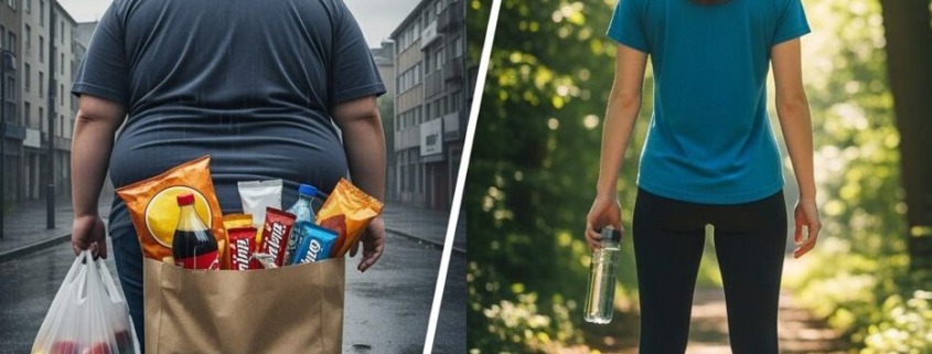 Links Junkfood in der Stadt, rechts gesunder Lebensstil in der Natur – Gegenüberstellung von Ernährung und Bewegung.