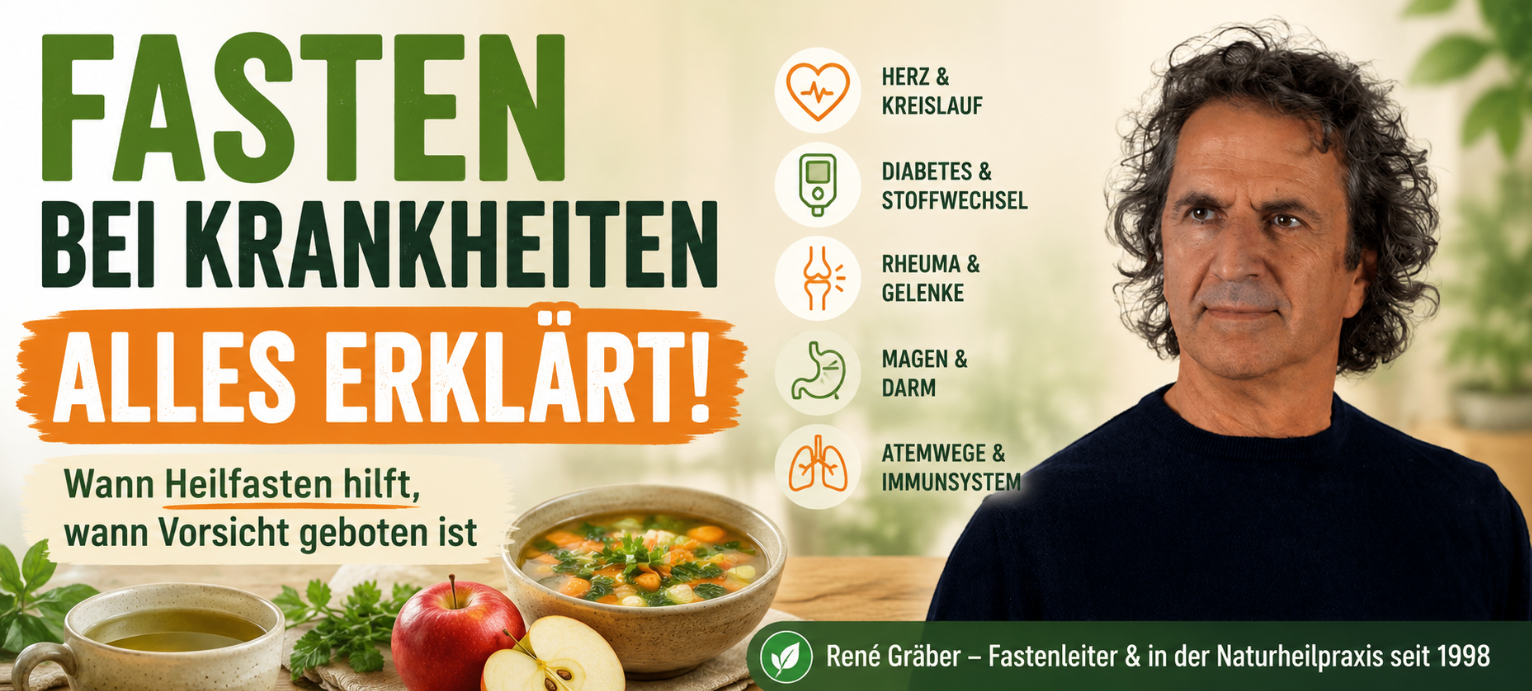 René Gräber zum Thema Fasten bei Krankheiten mit Hinweisen zu Herz, Diabetes, Rheuma, Magen und Darm sowie Heilfasten.