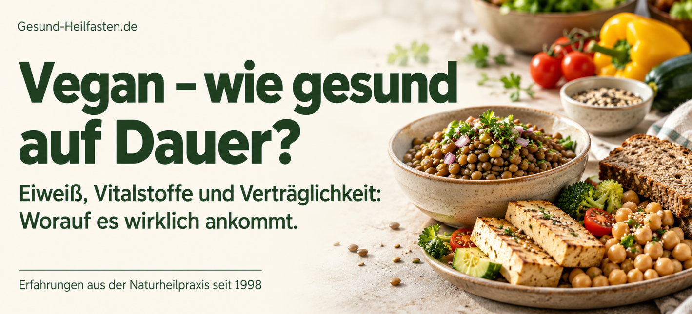 Vegane Lebensmittel mit Linsen, Tofu, Kichererbsen und Vollkornbrot neben der Frage „Vegan – wie gesund auf Dauer?“