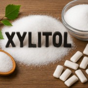 Holzlöffel mit Xylit-Kristallen, Glas mit Birkenzucker, Xylit-Kaugummis und grüne Birkenblätter auf Holztisch arrangiert