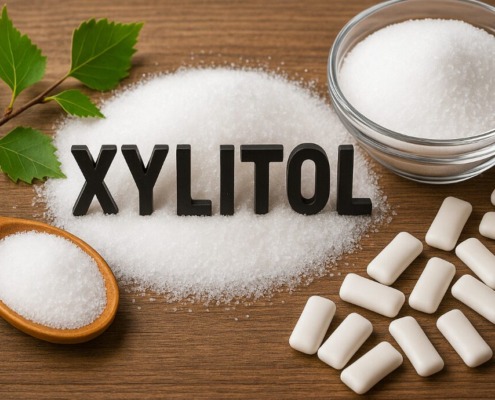 Holzlöffel mit Xylit-Kristallen, Glas mit Birkenzucker, Xylit-Kaugummis und grüne Birkenblätter auf Holztisch arrangiert