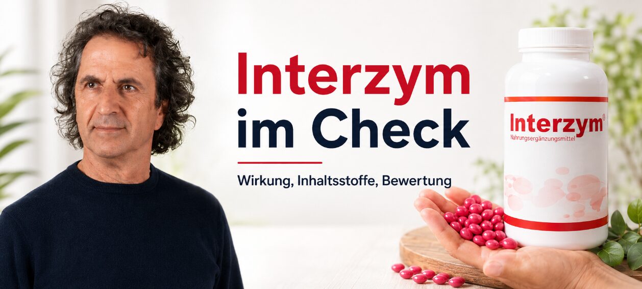 René Gräber neben einer Interzym-Dose und roten Dragees – Wirkung, Inhaltsstoffe und Bewertung im Check