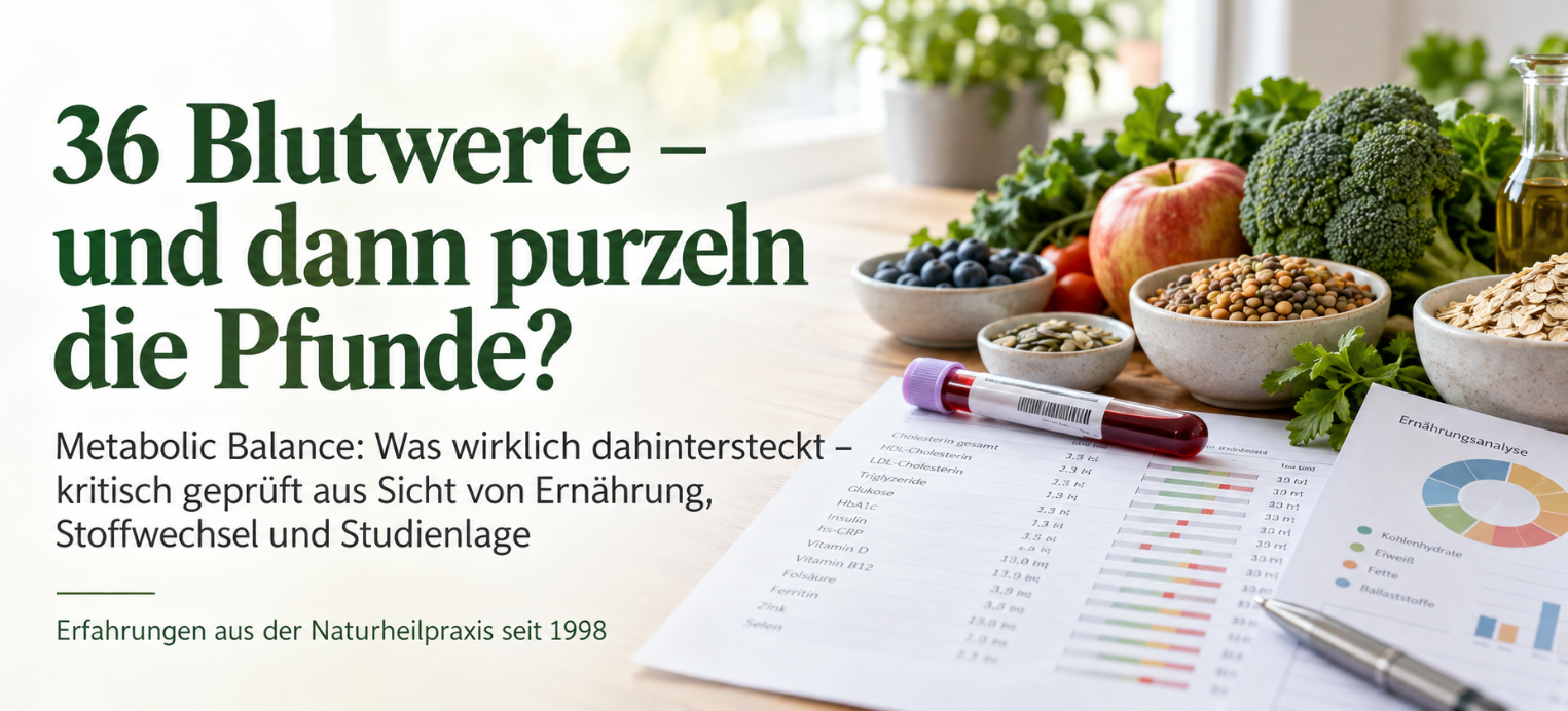 Blutprobe und Ernährungsanalyse neben Gemüse, Hülsenfrüchten und Haferflocken zur kritischen Bewertung von Metabolic Balance.