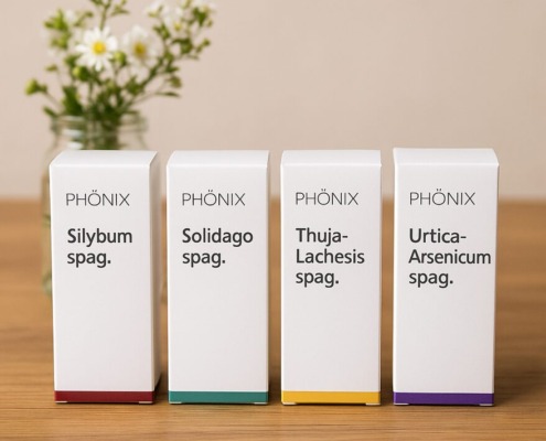 Vier PHÖNIX spagyrische Tropfenpräparate zur Ausleitung (Silybum, Solidago, Thuja-Lachesis, Urtica-Arsenicum) auf Holztisch mit Blumen im Hintergrund.