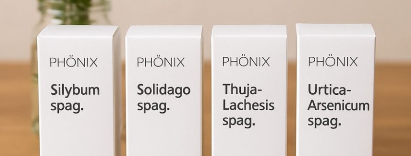 Vier PHÖNIX spagyrische Tropfenpräparate zur Ausleitung (Silybum, Solidago, Thuja-Lachesis, Urtica-Arsenicum) auf Holztisch mit Blumen im Hintergrund.