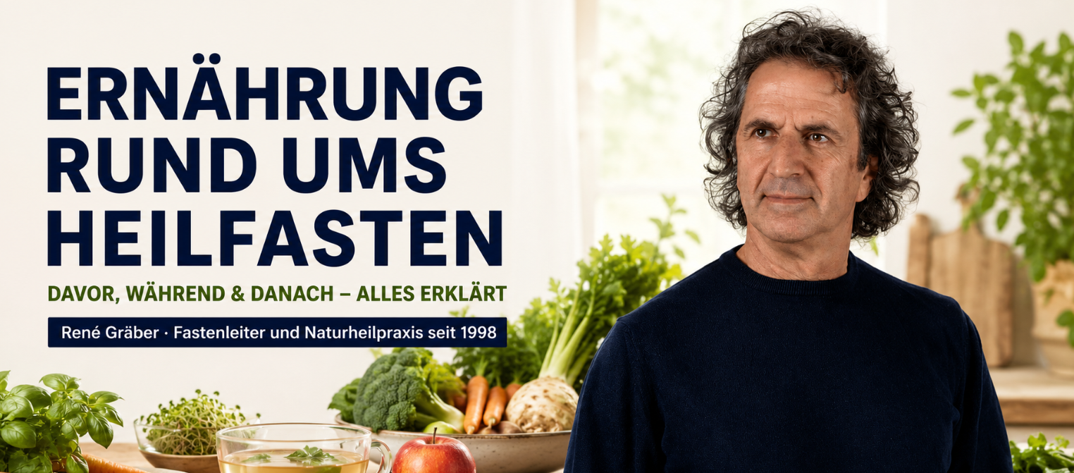 Ernährung beim Heilfasten – alles erklärt zu Fastentagen, Fastenbrechen und Ernährung danach von Fastenleiter René Gräber, Naturheilpraxis seit 1998.