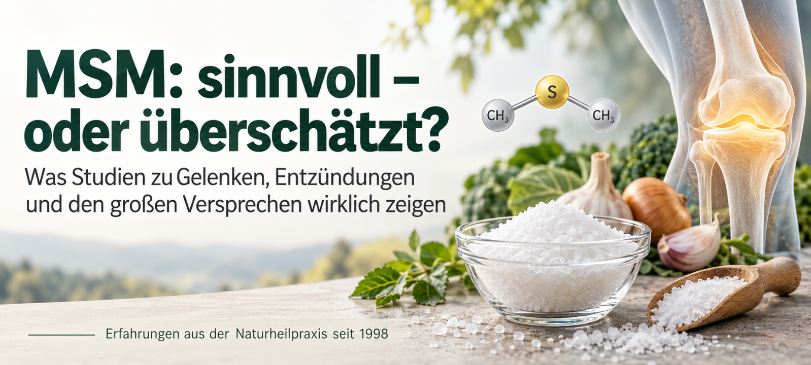 Illustration zu MSM (Methylsulfonylmethan) mit weißem kristallinem Pulver, chemischer Molekülstruktur und einem anatomisch dargestellten Kniegelenk.