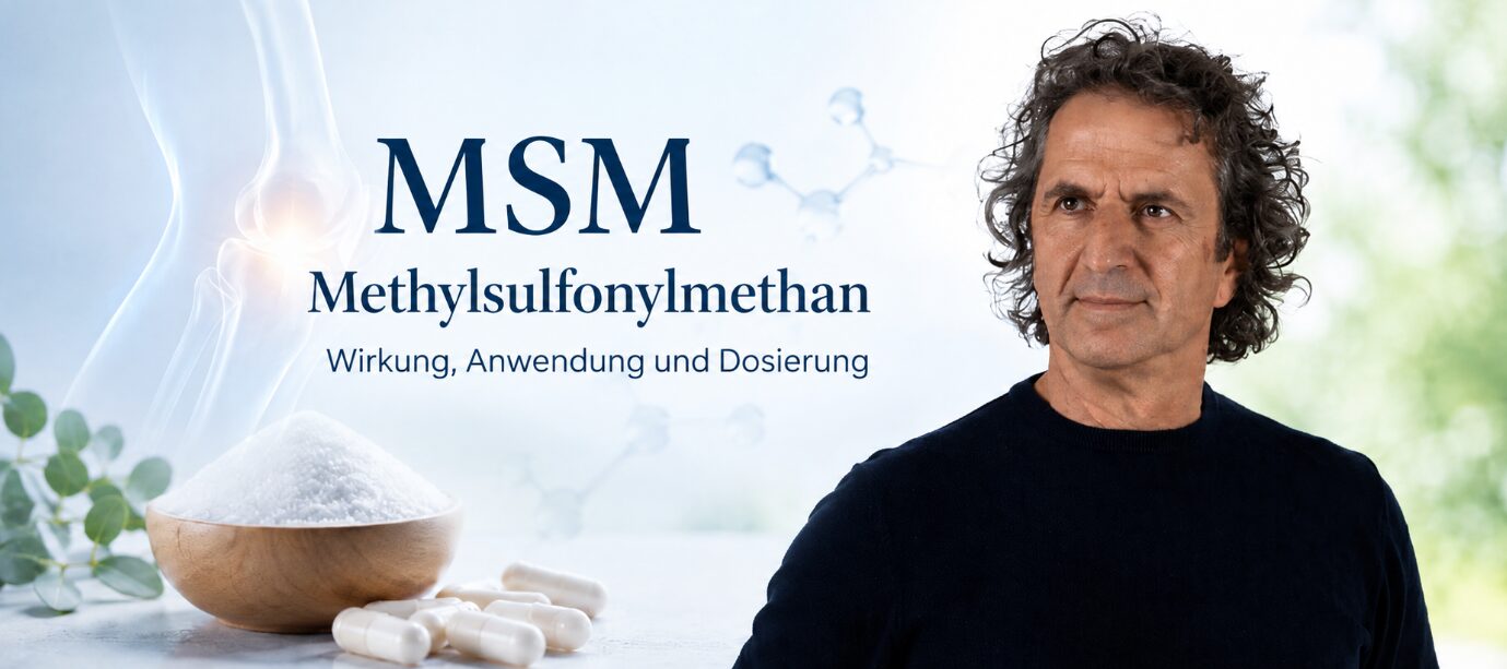 René Gräber vor MSM-Pulver, Kapseln und Kniegelenk – Methylsulfonylmethan: Wirkung, Anwendung und Dosierung