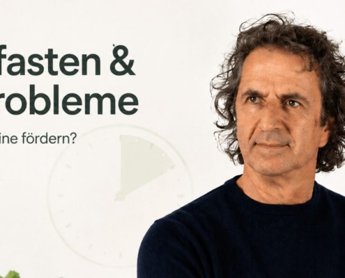 Fasten und Gallenprobleme: René Gräber mit Symbolen für Fasten, Ernährung und Gallenblase.
