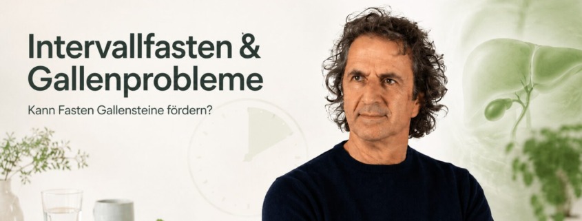 Fasten und Gallenprobleme: René Gräber mit Symbolen für Fasten, Ernährung und Gallenblase.