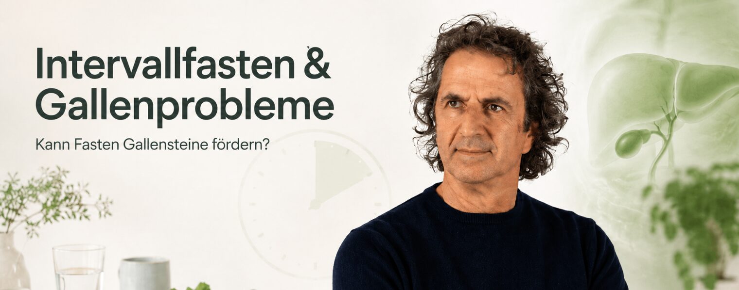 Fasten und Gallenprobleme: René Gräber mit Symbolen für Fasten, Ernährung und Gallenblase.